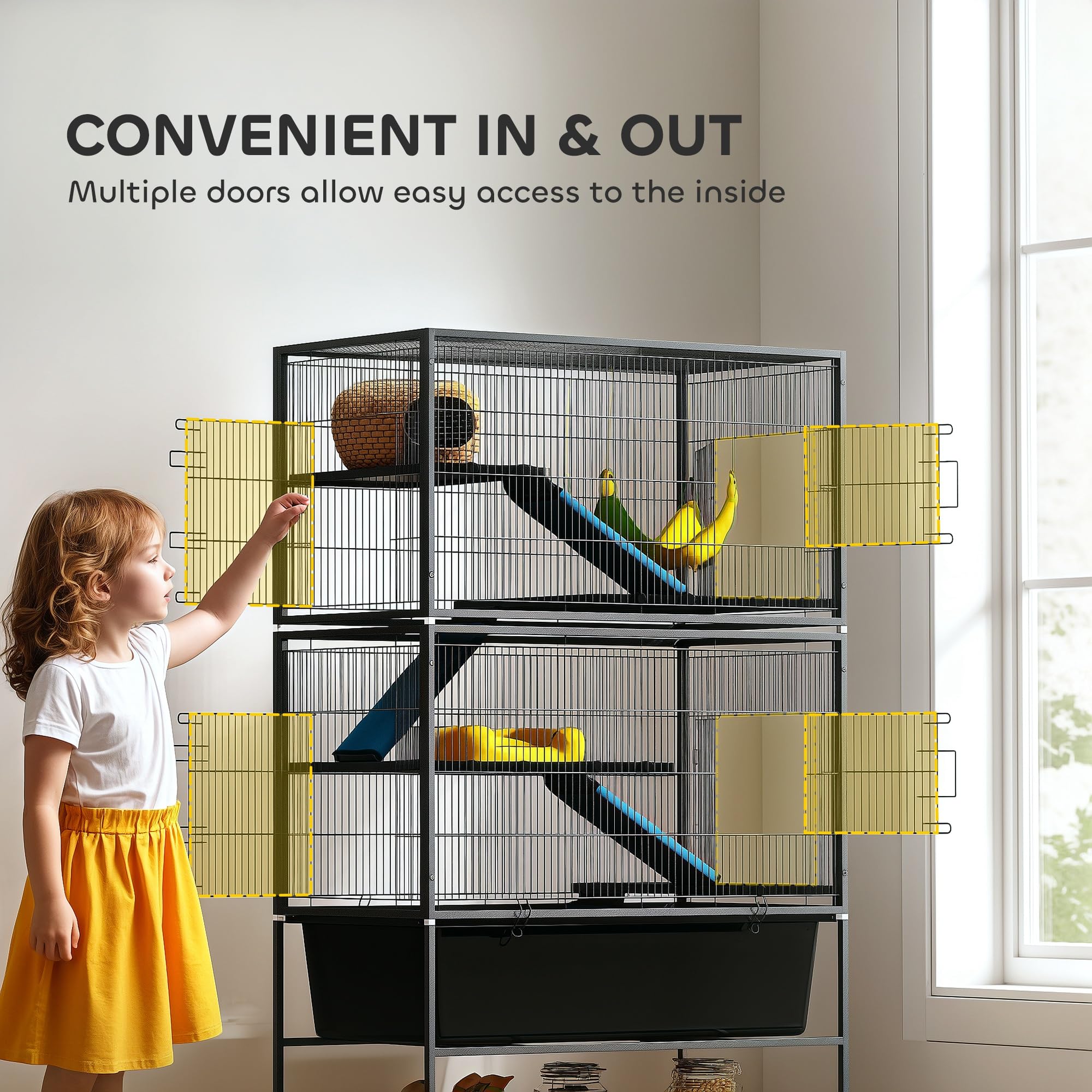 Pawhut 59' 5-Level Small Animal Cage, Rolling Ferret Chinchilla Cage With Slide Out 6.3' Deep Tray, Non-Slip Cloth Covered Ram